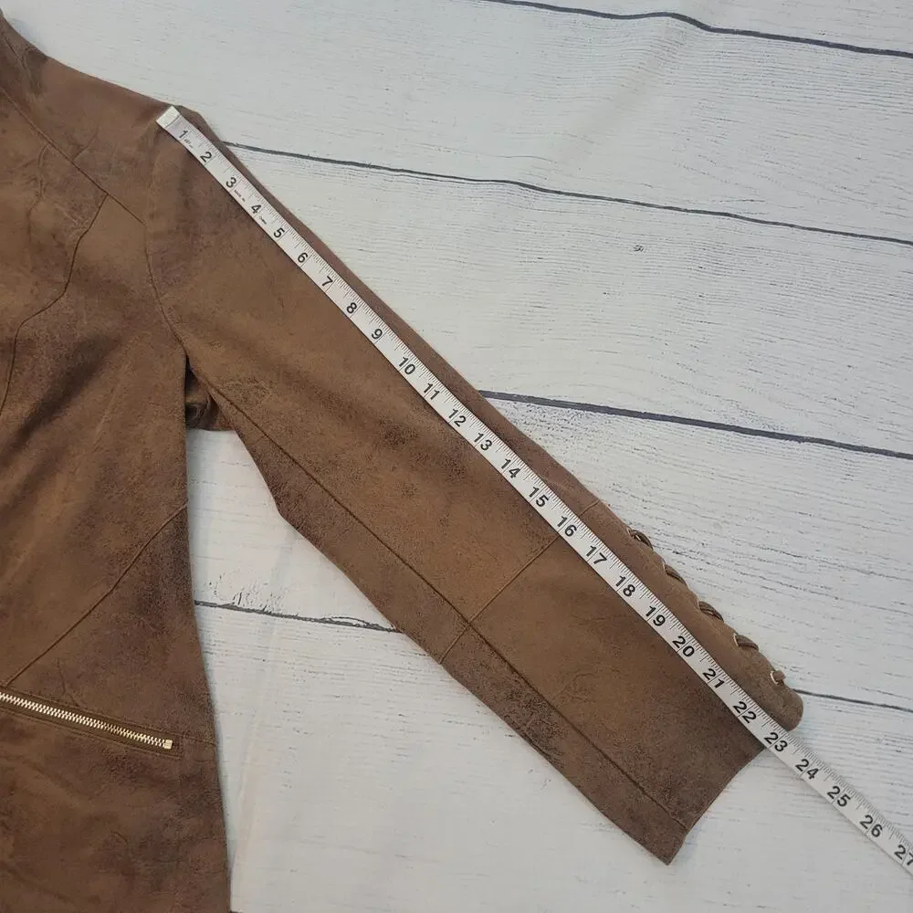 Chico's Size 2 US 12/14 Suede Moto Jacket‎ Brown Faux Leather Western Minimalist